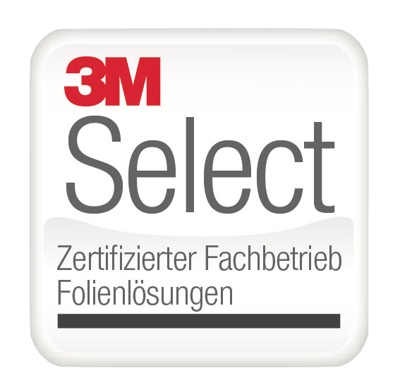 Das Bild zeigt das 3M Select Logo, das für zertifizierte Fachbetriebe steht, die sich auf Folienlösungen spezialisiert haben. Das Zertifikat bestätigt die Kompetenz und Qualität des Unternehmens in der Anwendung und Verarbeitung von 3M-Folienprodukten.