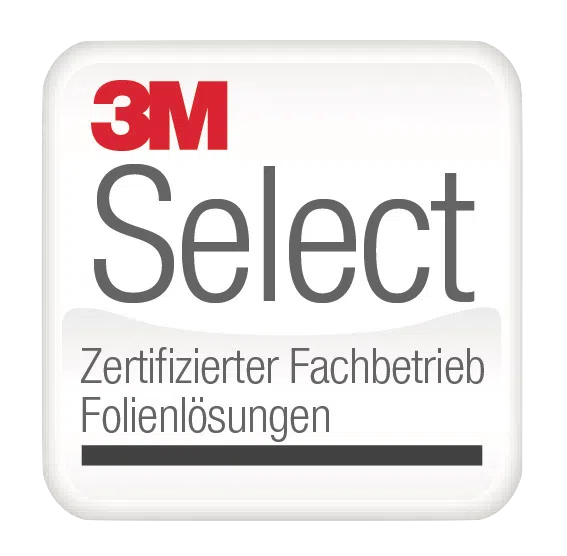 Das Bild zeigt das 3M Select Logo, das für zertifizierte Fachbetriebe steht, die sich auf Folienlösungen spezialisiert haben. Das Zertifikat bestätigt die Kompetenz und Qualität des Unternehmens in der Anwendung und Verarbeitung von 3M-Folienprodukten.