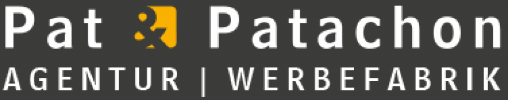 Das hochgeladene Bild zeigt das Logo von Pat & Patachon, einer Agentur und Werbefabrik. Das Design enthält eine stilisierte "&"-Figur in Gelb sowie eine moderne, klare Typografie in Weiß auf dunklem Hintergrund.