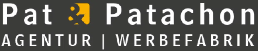 Das hochgeladene Bild zeigt das Logo von Pat & Patachon, einer Agentur und Werbefabrik. Das Design enthält eine stilisierte "&"-Figur in Gelb sowie eine moderne, klare Typografie in Weiß auf dunklem Hintergrund.