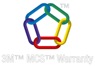 Logo der 3M™ MCS™ Warranty mit einem fünfseitigen, aus bunten, ineinander verschlungenen Kettengliedern bestehenden Symbol. Die Farben umfassen Blau, Grün, Gelb, Rot und Violett. Darunter steht der Schriftzug '3M™ MCS™ Warranty' in Weiß.