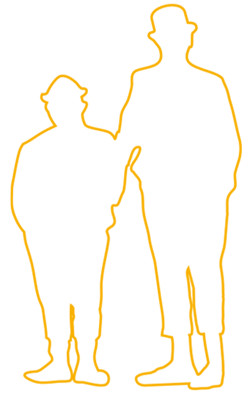 Das Bild zeigt eine minimalistische, goldfarbene Kontur-Zeichnung von zwei Personen, die nebeneinander stehen. Die größere Figur hat eine leicht gebeugte Haltung und legt den Arm um die kleinere Figur, die ebenfalls einen Hut trägt