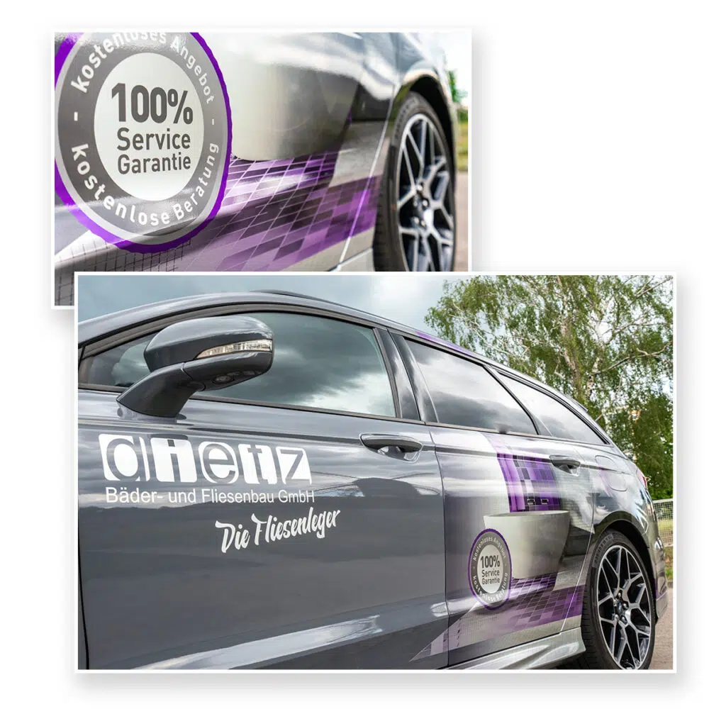 Detailaufnahme einer hochwertigen Fahrzeugfolierung mit silber-lila Design. Die Beschriftung zeigt das Logo von „Dietz Bäder- und Fliesenbau GmbH“ sowie ein Siegel mit der Aufschrift „100 % Service Garantie – Kostenloses Angebot & Beratung“.