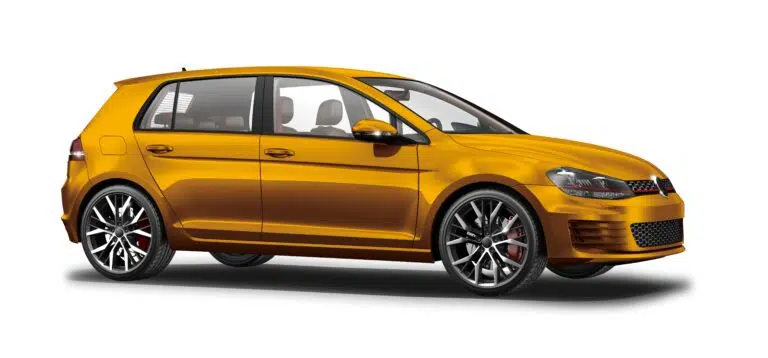 Silbernes Auto, vollständig mit glänzender orangefarbener Car-Wrapping-Folie beklebt. Räder, Scheiben und Details bleiben original.