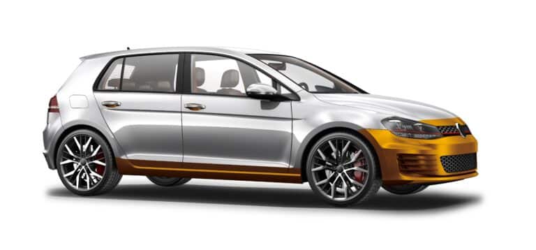 Silbernes Auto, bei dem die orangefarben markierten Bereiche eine transparente Lackschutzfolie symbolisieren.
