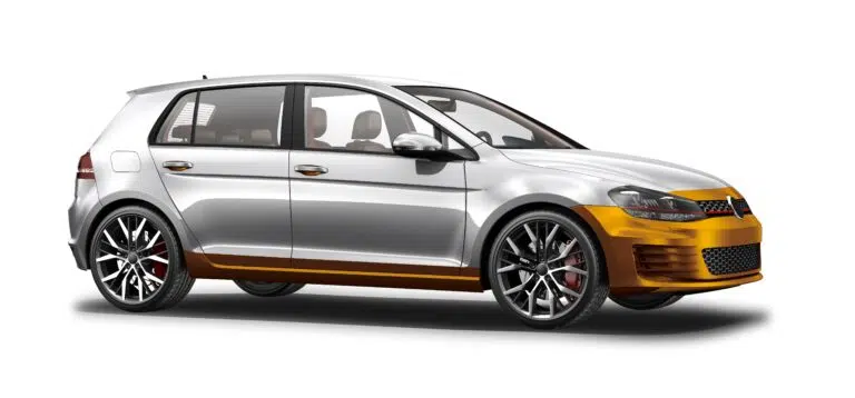 Silbernes Auto, bei dem die orangefarben markierten Bereiche eine transparente Lackschutzfolie symbolisieren.