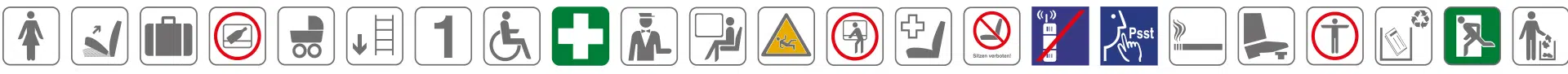 Reihe von Piktogrammen für Zuginnenräume, darunter Hinweise zu Sitzplätzen, Gepäck, Barrierefreiheit, Sicherheitsregeln, Ruhebereichen, Notausgängen und Müllentsorgung in neutralen Farben mit gelegentlichen Farbakzenten.