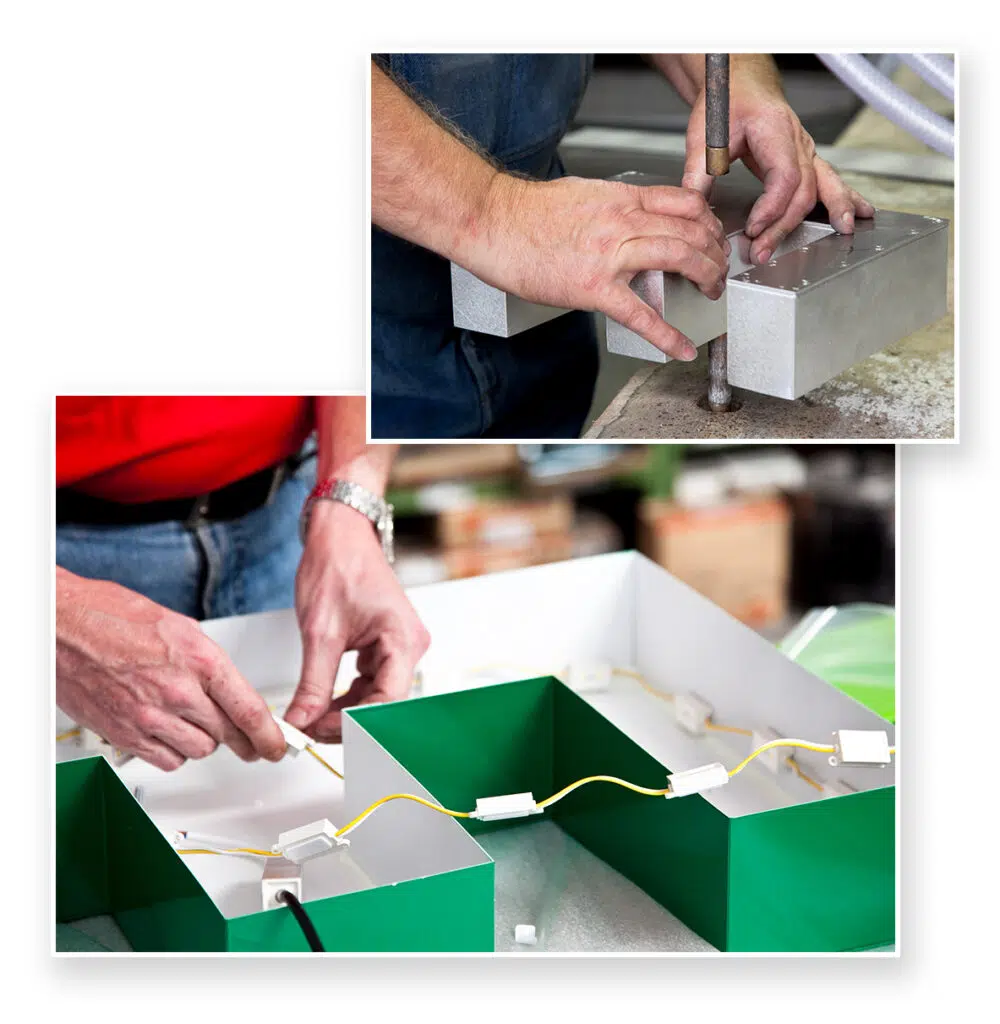 Zwei Detailaufnahmen zeigen die handwerkliche Herstellung einer Leuchtreklame. Ein Arbeiter formt sorgfältig Metallbuchstaben und verlegt anschließend LED-Verkabelungen im Inneren der grünen und weißen Leuchtbuchstaben.
