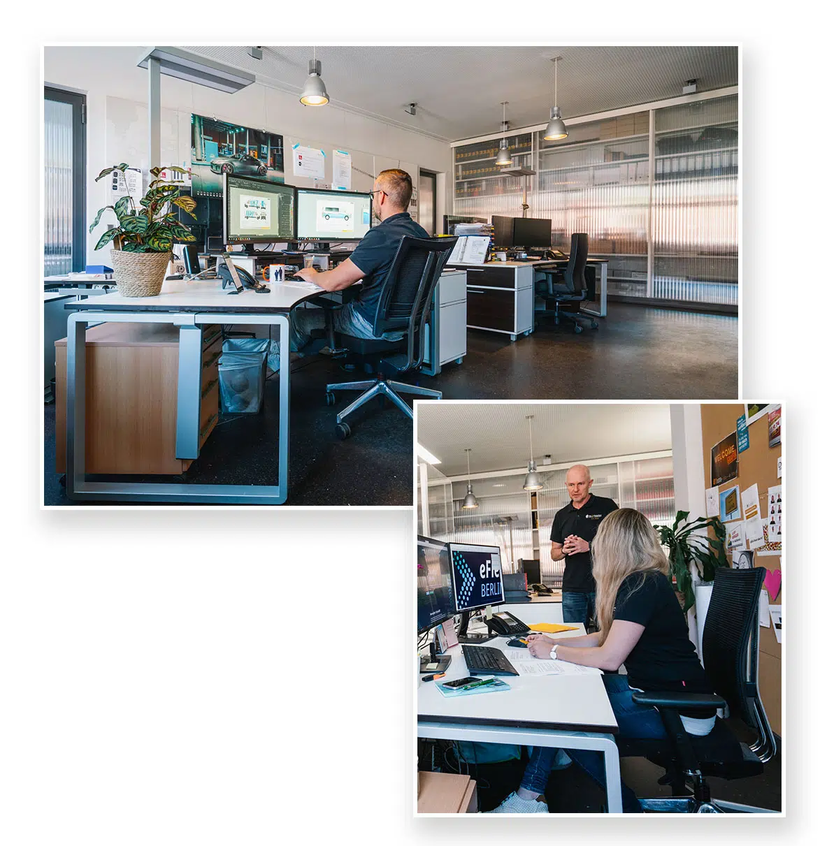 Ein moderner Büroarbeitsplatz mit mehreren Monitoren, an dem ein Mitarbeiter konzentriert arbeitet. Im kleineren Bild diskutiert ein Kollege mit einer Mitarbeiterin über ein Projekt am Bildschirm, während im Hintergrund kreative Ideen und Notizen an einer Pinnwand hängen.