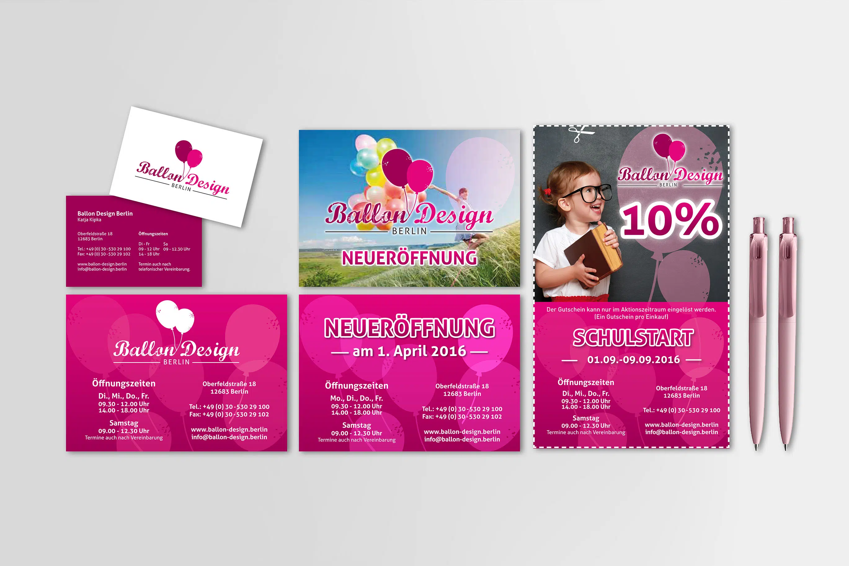 Ein einheitliches Design für Ballon Design Berlin mit verspielter Typografie und pinken Akzenten. Die Gestaltung sorgt für Wiedererkennung auf allen Werbemitteln – von Visitenkarten bis Flyern – und vermittelt Freude sowie Leichtigkeit passend zum Thema.