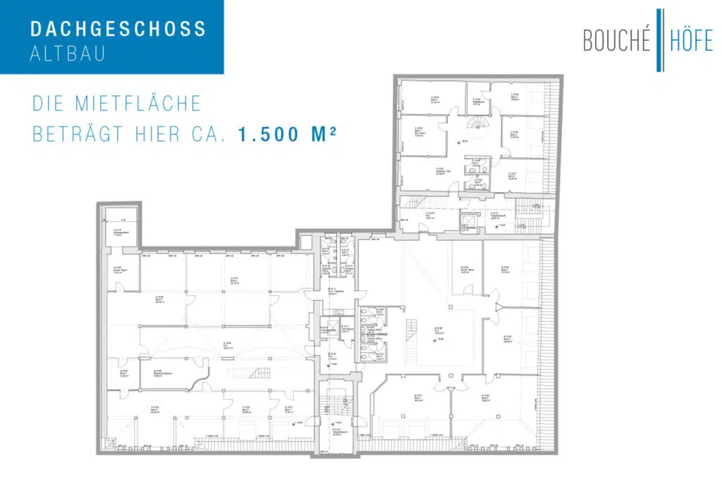 Das Bild zeigt einen Grundriss des Dachgeschosses eines Altbaus mit einer Mietfläche von ca. 1.500 m². Die Räume sind in verschiedene Einheiten aufgeteilt, mit Fluren, Treppenhäusern und Sanitärbereichen. Das Logo „Bouché Höfe“ befindet sich oben rechts.