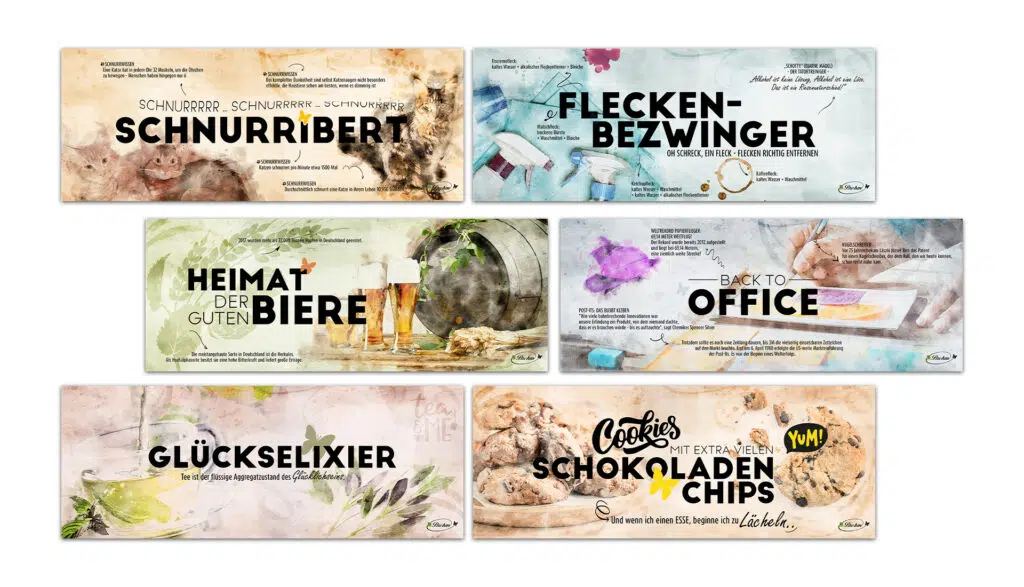Sechs Themenschilder mit Aquarell-Illustrationen und typografischen Highlights zu verschiedenen Themen: Katzen und ihr Schnurren, Fleckenentfernung, Bierkultur, Büroalltag, Tee als Glückselixier und Schokoladenkekse. Jedes Schild kombiniert Wissen mit humorvollen Texten.
