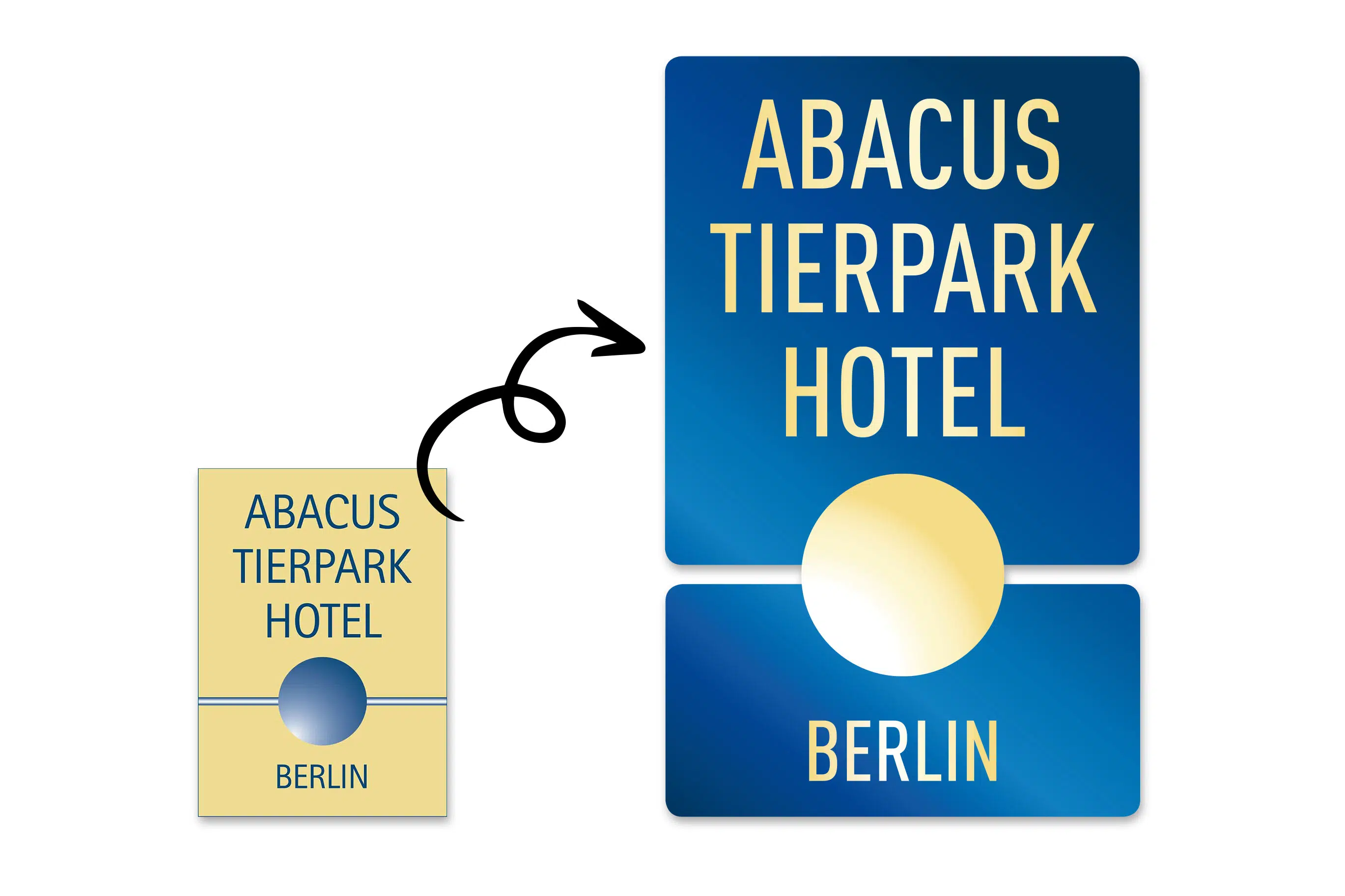 Das Bild zeigt den Relaunch des Logos des Abacus Tierpark Hotels Berlin. Links ist das alte Logo in beige-blauer Farbgebung zu sehen, rechts das modernisierte Design mit abgerundeten Ecken, kräftigerem Blau und einem neu angeordneten goldenen Kreis.
