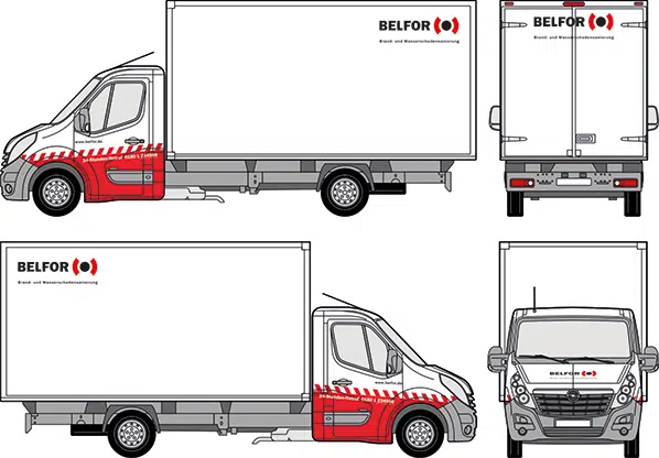 Fahrzeugbeklebung für BELFOR auf einem Opel Movano Koffer L4H1. Das Design enthält das BELFOR-Logo, eine weiße Grundfläche mit roten und schrägen Streifen auf der Kabine sowie dezente Branding-Elemente auf den Seiten und am Heck des Fahrzeugs.