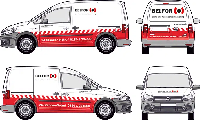 Fahrzeugbeklebung für BELFOR auf einem VW Caddy mit Flügeltüren. Das Design kombiniert das Firmenlogo, eine rote und weiße Farbgestaltung mit schrägen Streifen sowie die 24-Stunden-Notrufnummer für schnelle Erreichbarkeit.