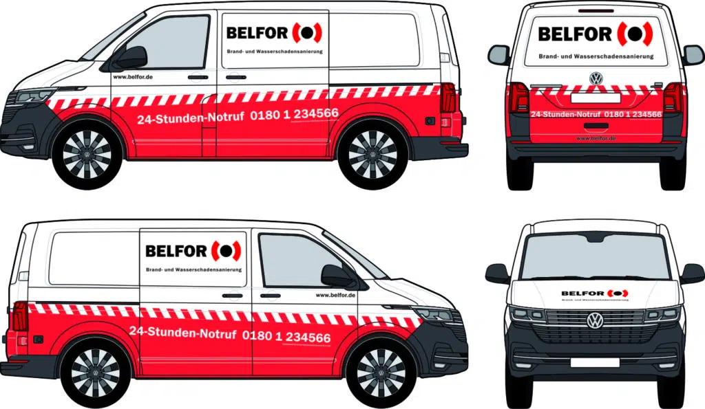 Fahrzeugdesign für BELFOR, spezialisiert auf Brand- und Wasserschadensanierung. Die Beklebung zeigt das Firmenlogo, eine rote und weiße Gestaltung mit Notrufnummer sowie reflektierenden Streifen für bessere Sichtbarkeit.