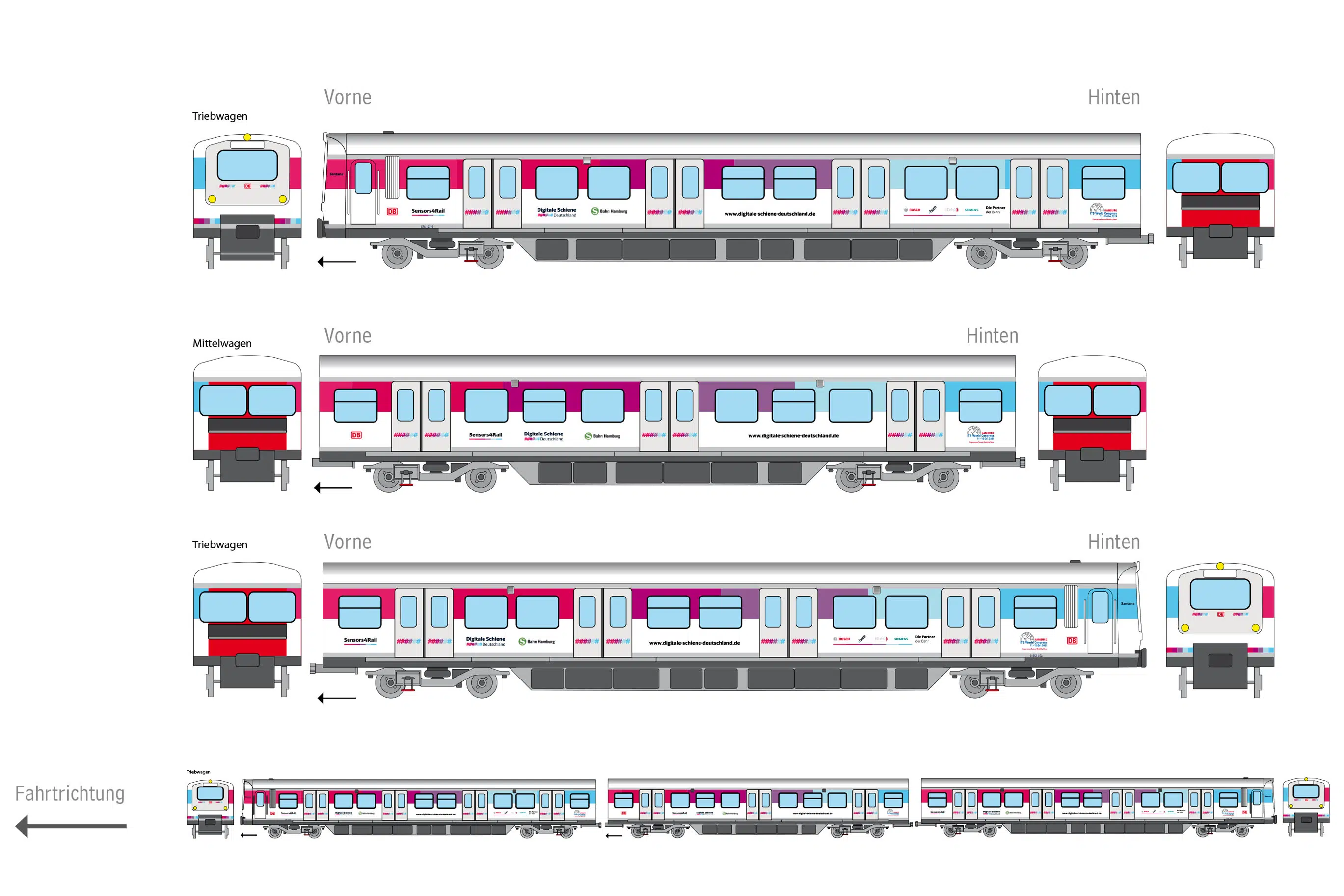 Das Bild zeigt eine technische Zeichnung eines Zuges mit einer modernen Farbgestaltung in Weiß, Blau und Pink. Es sind verschiedene Ansichten des Triebwagens und Mittelwagens dargestellt, einschließlich Seiten- und Frontansichten. Unten ist die komplette Zugkomposition mit Fahrtrichtung zu sehen.