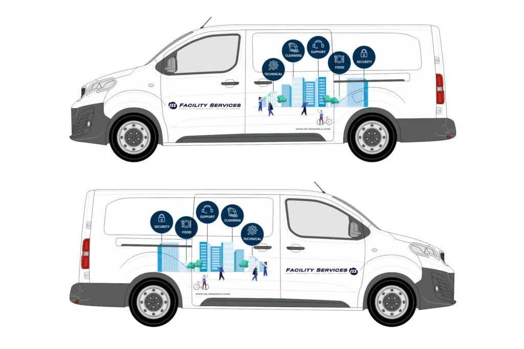 Designkonzept für die Fahrzeugbeklebung von ISS Facility Services. Das Layout zeigt eine moderne Stadt mit Symbolen für verschiedene Dienstleistungen wie Technik, Reinigung, Support, Verpflegung und Sicherheit. Das Design vermittelt Professionalität und Klarheit.