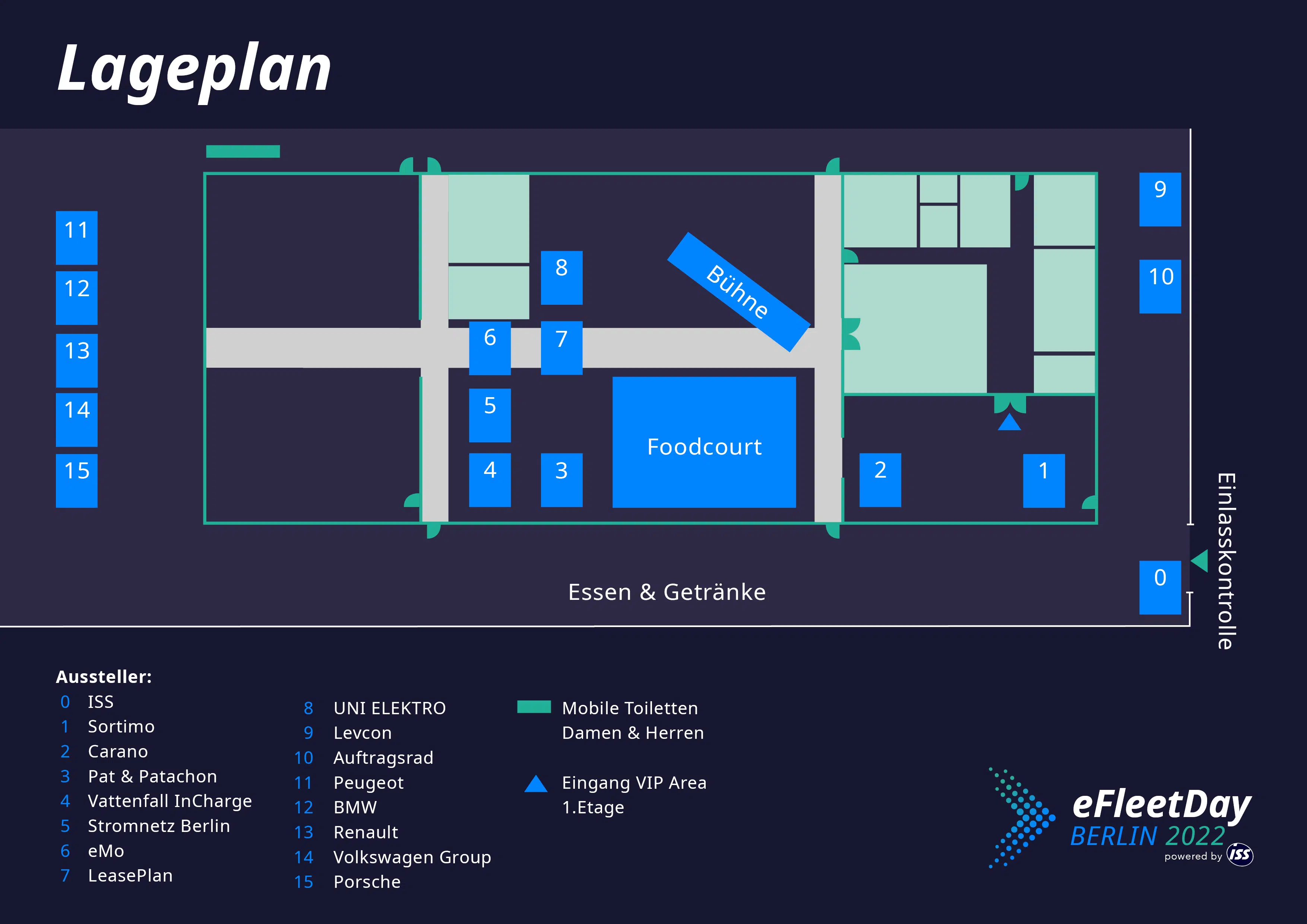 Das Bild zeigt einen Lageplan für den eFleetDay Berlin 2022. Es enthält eine Übersicht über die Standorte der Aussteller, den Foodcourt, eine Bühne, Toiletten und den VIP-Eingang. Die Namen der Aussteller sind in einer Legende aufgeführt.