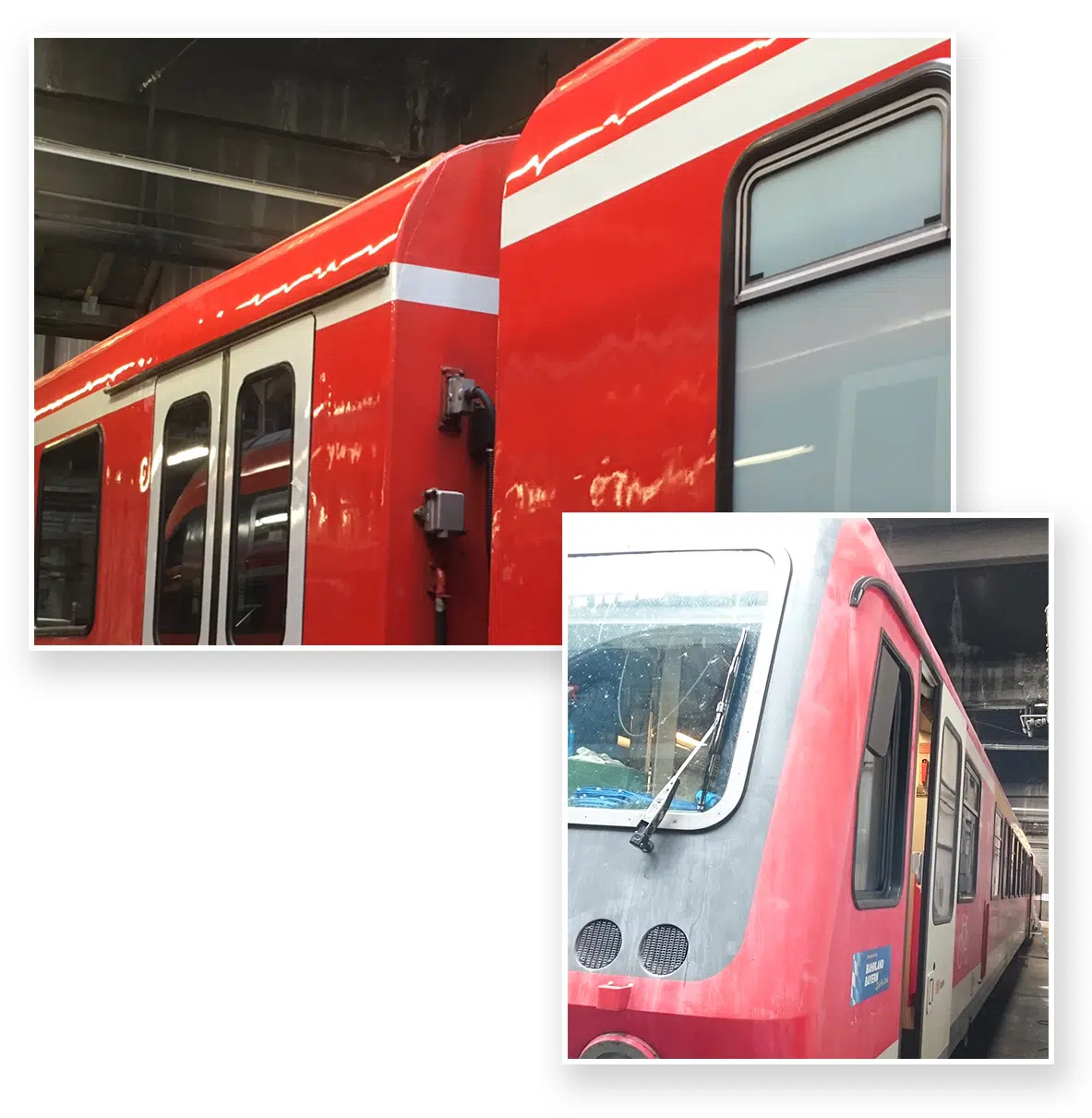 Das Bild zeigt zwei Aufnahmen eines roten Schienenfahrzeugs. Die erste Aufnahme fokussiert auf eine frisch folierte Außenfläche mit weißem Streifen, während die zweite Aufnahme die Frontpartie eines abgenutzten Fahrzeugs mit verschmutzter Scheibe zeigt.
