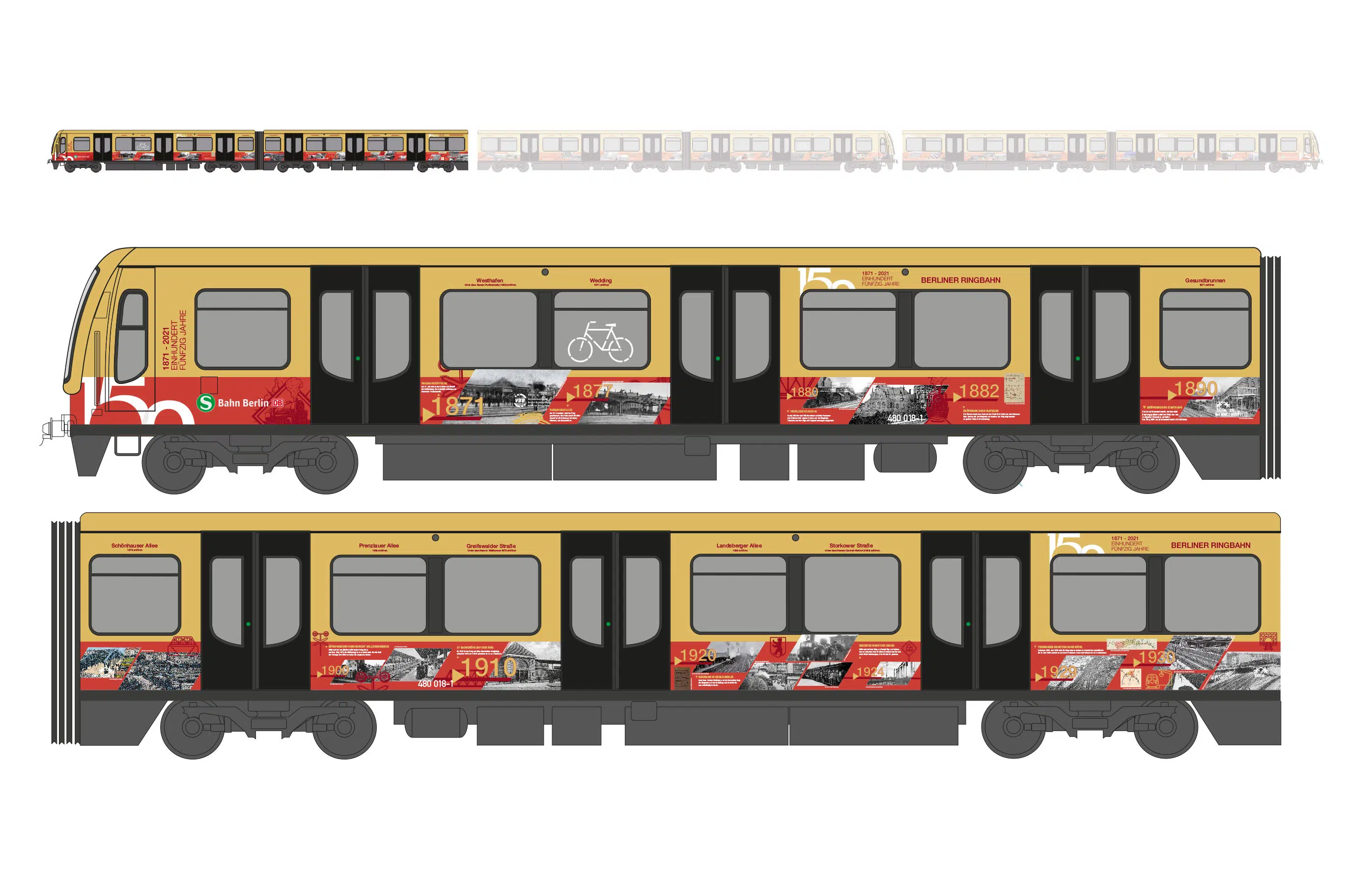 Das Bild zeigt das Design eines S-Bahn-Zugs zur Feier des 150-jährigen Jubiläums der Berliner Ringbahn. Die Gestaltung kombiniert historische Bilder und Jahreszahlen mit dem klassischen gelben S-Bahn-Design und hebt wichtige Meilensteine der Ringbahn hervor.
