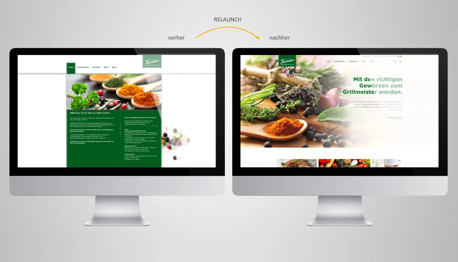 Vergleich einer Website vor und nach einem Relaunch. Links die alte Version mit dunkelgrünem Textblock und schlichtem Design. Rechts die überarbeitete Seite mit großflächigem Bild von Kräutern und Gewürzen, modernem Layout und einladendem Werbeslogan.
