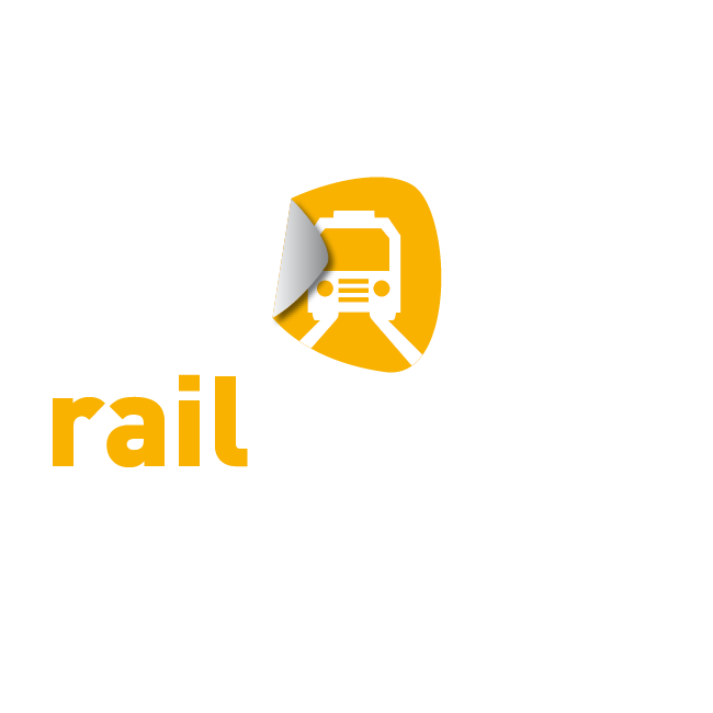 Das Bild zeigt ein Logo mit einem stilisierten Zug und einem angedeuteten Foliendesign. Die Farben sind Gelb, Schwarz und Weiß. Eine grafische Darstellung einer Folie wird von der oberen linken Ecke aus abgezogen. Der Schriftzug "Railcaption" ist in das Design integriert.