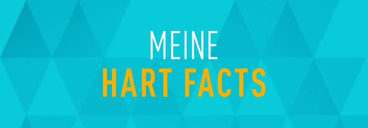 Das Bild zeigt einen türkisfarbenen Hintergrund mit einem geometrischen Dreiecksmuster. In der Mitte steht in weißen und gelben Großbuchstaben der Text „MEINE HART FACTS“.