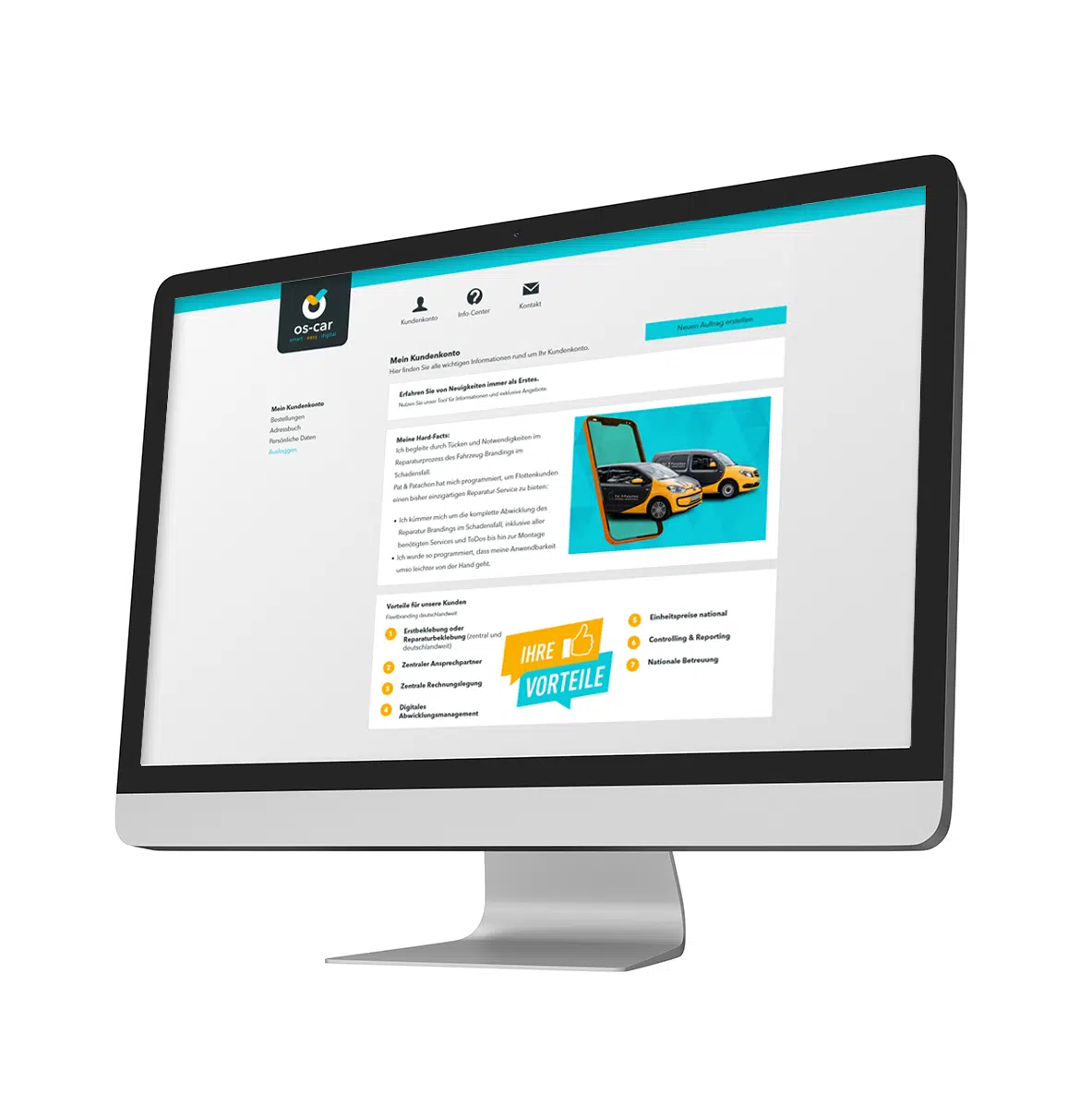 Ein iMac-Computer mit einer geöffneten Webseite des 'os-car' Kundenportals. Die Benutzeroberfläche zeigt eine blaue und weiße Farbgestaltung mit Textblöcken, einer Grafik eines Fahrzeugs und einem gelben 'Ihre Vorteile'-Bereich mit Stichpunkten zu Dienstleistungen.