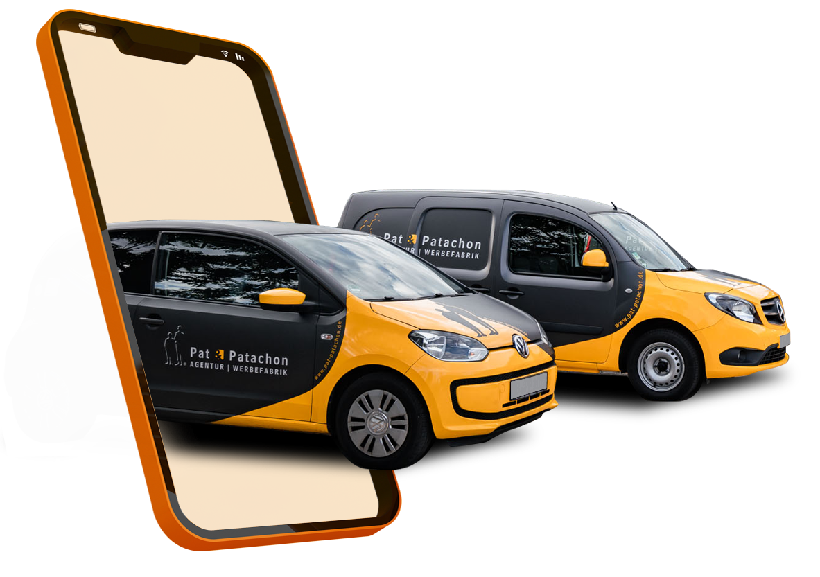Das Bild zeigt zwei schwarz-gelbe Fahrzeuge mit dem Branding von "Pat & Patachon". Ein stilisiertes Smartphone-Rahmen-Element ist im Vordergrund, wodurch ein digitales Konzept angedeutet wird. Die Fahrzeuge sind ein VW Up! und ein Mercedes Citan mit auffälliger Fahrzeugfolierung.