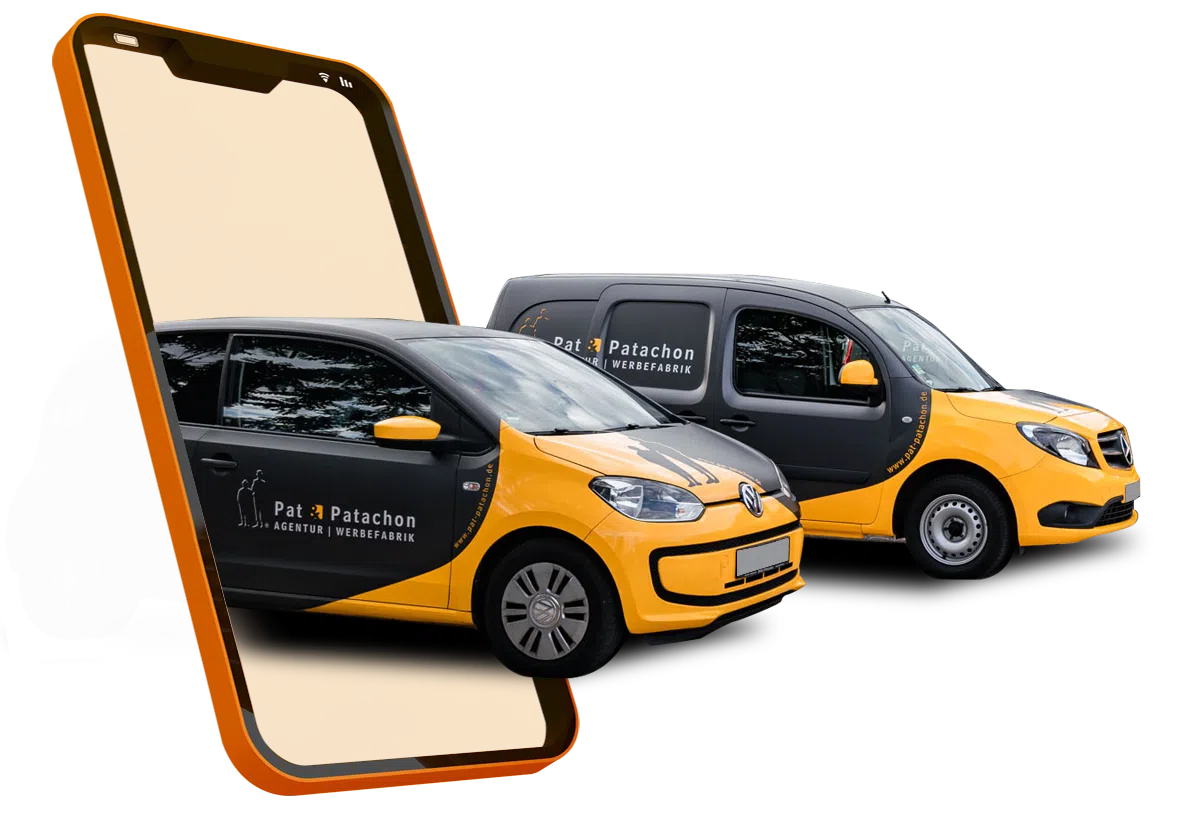Das Bild zeigt zwei schwarz-gelbe Fahrzeuge mit dem Branding von "Pat & Patachon". Ein stilisiertes Smartphone-Rahmen-Element ist im Vordergrund, wodurch ein digitales Konzept angedeutet wird. Die Fahrzeuge sind ein VW Up! und ein Mercedes Citan mit auffälliger Fahrzeugfolierung.