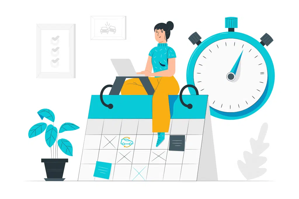 Illustration einer Frau mit Laptop, die auf einem großen Kalender sitzt. Im Hintergrund befindet sich eine Stoppuhr. Links steht eine Pflanze, an der Wand hängen Bilder, darunter eine Checkliste und eine Unfallgrafik. Der Kalender enthält markierte Termine.
