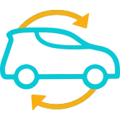 Das Bild zeigt ein Icon mit einem stilisierten Auto in blauer Linienführung. Um das Auto verlaufen zwei gelbe, gebogene Pfeile, die einen Kreislauf darstellen.