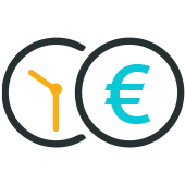 Das Bild zeigt ein Icon mit zwei Kreisen. Im linken Kreis ist ein stilisiertes Uhrensymbol mit einem gelben Zeiger zu sehen, im rechten Kreis befindet sich das Euro-Zeichen in Blau. Die Symbole sind schwarz umrandet.