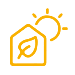 Haus mit Blatt im Inneren, Sonne im Hintergrund Icon