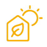 Haus mit Blatt im Inneren, Sonne im Hintergrund Icon