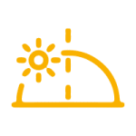 Icon für Lichtdurchlässigkeit: Eine Sonne scheint durch eine gebogene, transparente Fläche.