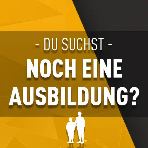 Grafik mit der Frage: 'Du suchst noch eine Ausbildung?' in großen, weißen Buchstaben. Der Hintergrund ist in einem modernen Design mit diagonalen Farbflächen in Schwarz und Gelb gestaltet. Unten in der Mitte ist das Logo von Pat & Patachon zu sehen.