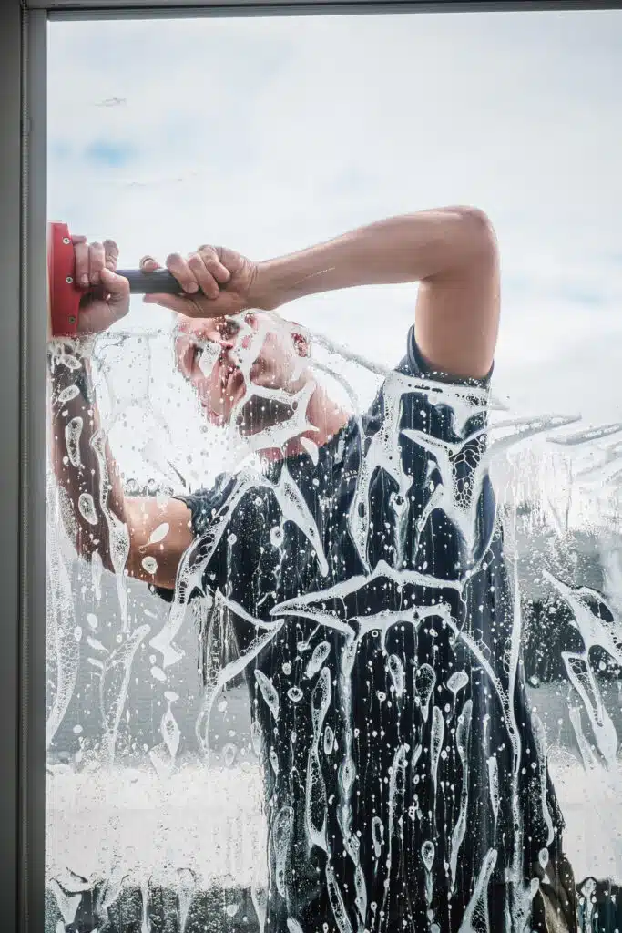 Ein Werbetechniker bringt eine Schutzfolie auf eine große Glasscheibe auf. Die Scheibe ist mit Seifenwasser bedeckt, während er mit einem Rakel die Folie glattstreicht. Durch die Blasen und Streifen des Wassers ist sein Gesicht teilweise verdeckt. Der Himmel und eine reflektierende Umgebung sind im Hintergrund sichtbar.