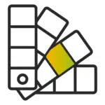 Symbol einer Farb- und Materialauswahl: Ein stilisiertes Fächer-Design mit mehreren Farbmusterkarten. Eine der Karten ist farblich hervorgehoben mit einem Verlauf von Gelb zu Grün. Das Icon steht für eine große Auswahl an Dekoren für Möbelfolien.