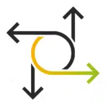 Symbol für Flexibilität: Ein stilisiertes Icon mit vier Pfeilen, die in verschiedene Richtungen zeigen, verbunden durch eine geschwungene Linie mit Farbverlauf von Gelb zu Grün. Das Icon steht für die vielseitigen Einsatzmöglichkeiten von Möbelfolien.