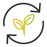 Symbol für Nachhaltigkeit: Ein stilisiertes Pflanzen-Icon mit zwei Blättern in einem Farbverlauf von Gelb zu Grün, umgeben von einem kreisförmigen Pfeil. Das Icon steht für umweltfreundliche und nachhaltige Möbelfolien.