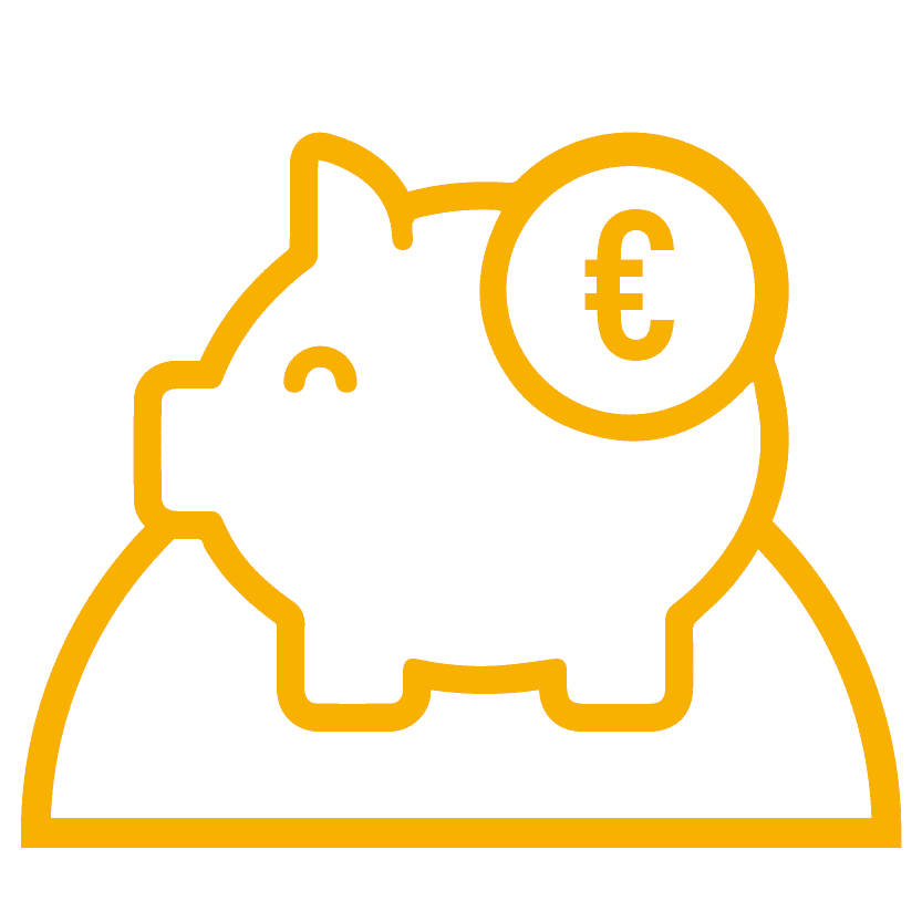 Ein minimalistisches, gelbes Symbol eines Sparschweins mit einer Euromünze, das auf einer stilisierten Oberfläche steht. Das Icon vermittelt die Bedeutung von Sparen und finanzieller Vorsorge.