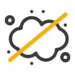 Ein stilisiertes Icon mit einer Wolke und kleinen Punkten, die Staub oder Partikel symbolisieren. Ein diagonaler gelber Strich verläuft durch die Wolke, was darauf hinweist, dass Staub oder Schmutz reduziert oder verhindert wird. Das Symbol vermittelt eine Aussage zur Sauberkeit oder minimalinvasiven Eingriffen.