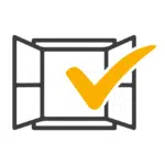 Ein minimalistisches Icon mit einer stilisierten, offenen Fensterfront in Schwarz und einem großen, gelben Häkchen, das über das Fenster gelegt ist. Das Symbol steht für Nachhaltigkeit, Frischluft oder umweltfreundliche Lösungen im Bereich Fenster und Gebäude.