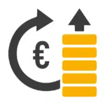 Ein Symbol mit einem schwarzen Euro-Zeichen, umgeben von einem gebogenen Pfeil, der nach oben zeigt. Daneben befindet sich ein gelber gestapelter Balken mit einem aufwärts gerichteten Pfeil an der Spitze. Das Icon symbolisiert eine hohe Kapitalrendite (Return on Investment, ROI) oder eine profitable Investition.