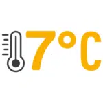 Ein stilisiertes Icon mit einem schwarzen Thermometer-Symbol auf der linken Seite, das von waagerechten Linien umgeben ist, die eine Temperaturanzeige andeuten. Daneben steht die Temperatur „7°C“ in großer, gelber Schrift. Das Design vermittelt eine klare Aussage zur Temperatur oder Wärmedämmung.