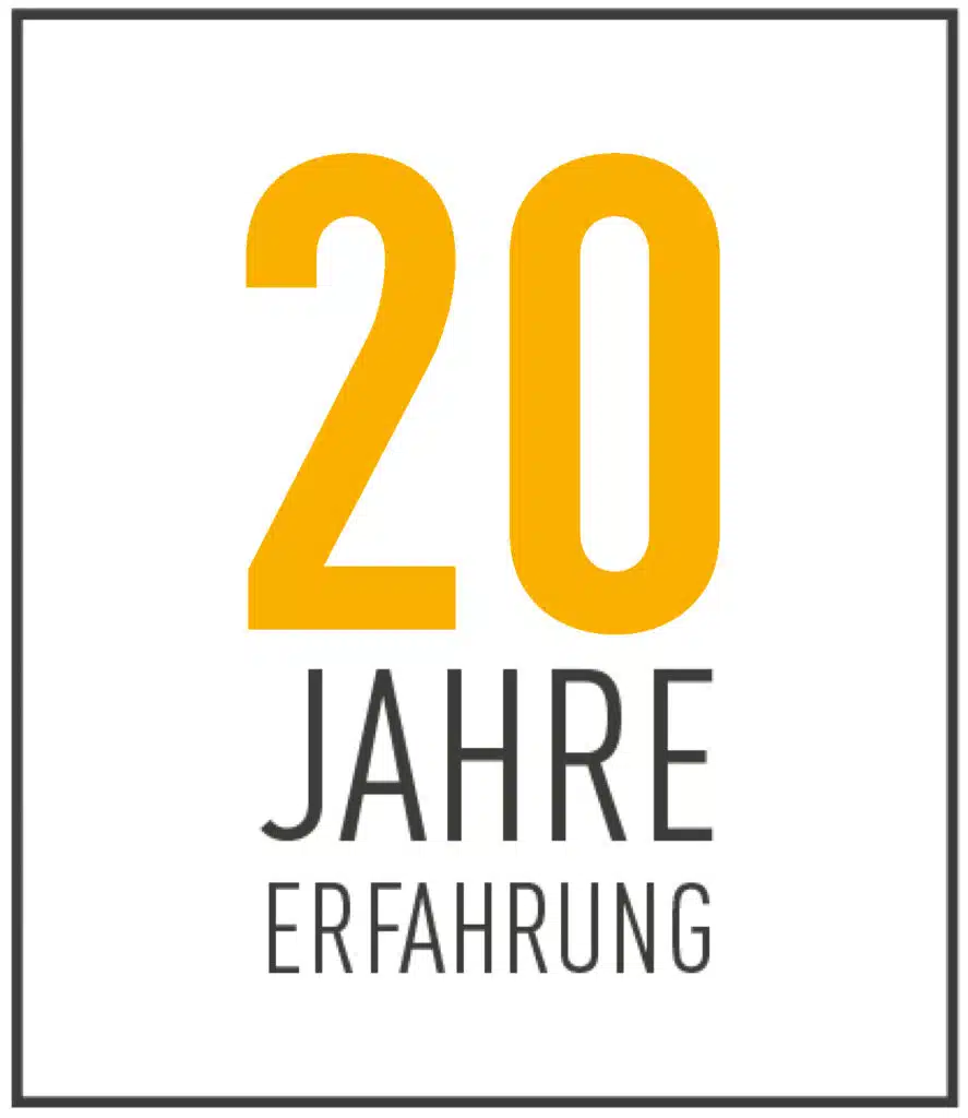 Ein minimalistisches Design mit einer großen, goldgelben Zahl '20' in der Mitte. Darunter stehen in schwarzen Großbuchstaben die Worte 'JAHRE ERFAHRUNG'. Das gesamte Design ist von einem dünnen, grauen Rahmen umgeben, der das schlichte und professionelle Erscheinungsbild unterstreicht.