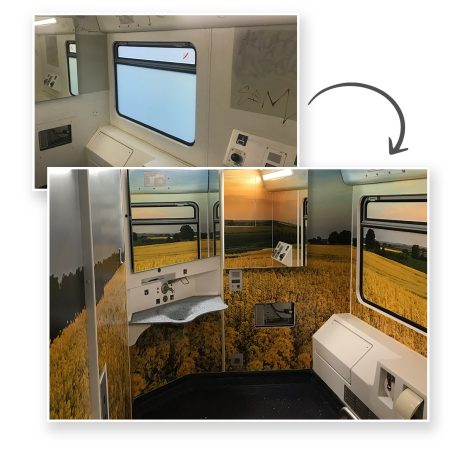 Vorher-Nachher-Bild eines Zug-WCs: Oben ungestalteter, kahler Zustand mit Graffiti, unten nach Neugestaltung mit freundlicher Landschaftsfolierung, die eine angenehme Atmosphäre schafft und den Raum optisch aufwertet.